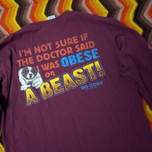 Lg Big Dogs T-Shirt Vintage Funny Obese or Beast Graphic Long Sleeve Tee h150